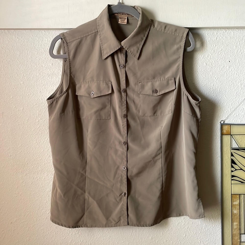Vintage Notations green polyester sleeveless button down shirt blouse
